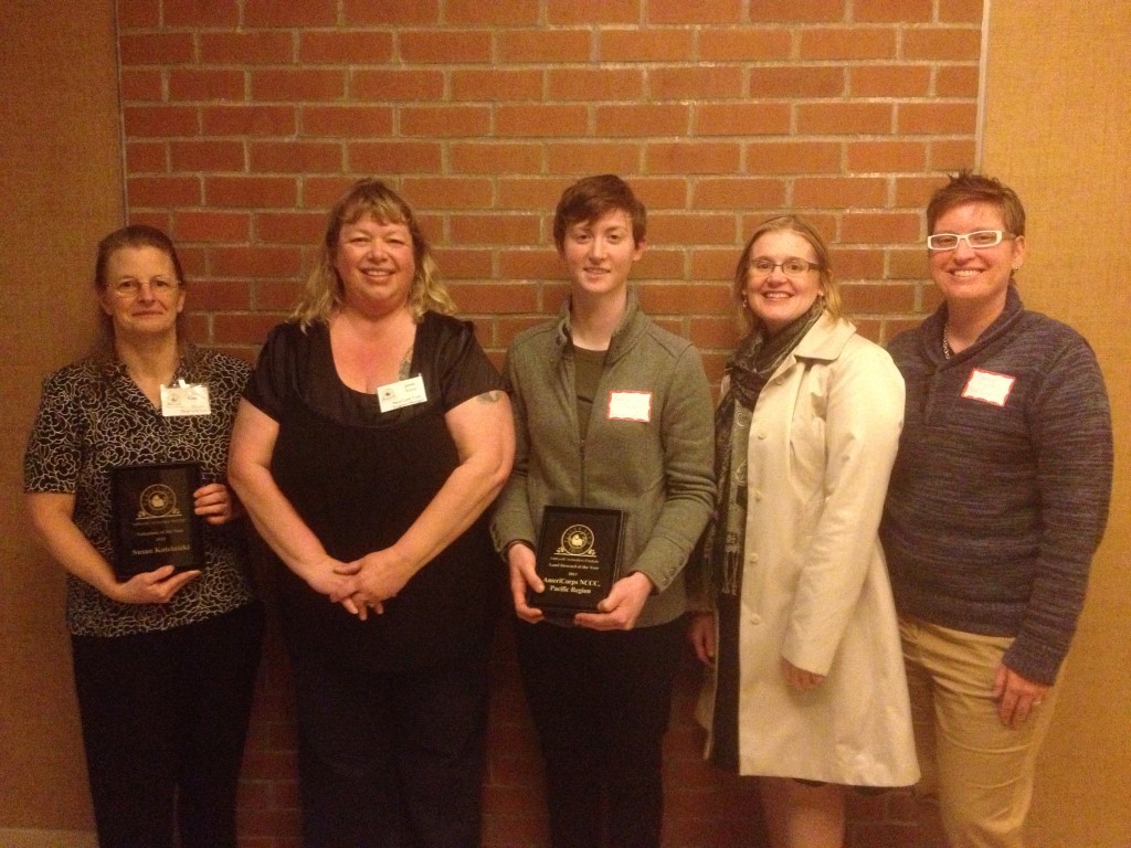 Left to right, Susan Kotelnicki 2013 Volunteer of the Year, Janet Voris Program Manager, Kara Snyder, Jennifer Szeliga, & Deanne Young-Reeves on behalf of AmeriCorp NCCC our 2013 Land Steward of the Year.