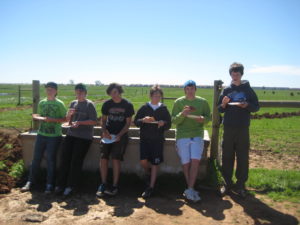 Eagle Scout candidate Neil Brinkerhoff, standing at right, and fellow Boy Scouts take a break from fencing work at Swainsons Grassland Preserve.