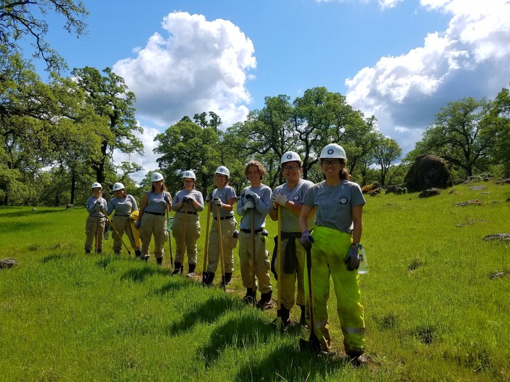 A group of trail stewards taking a break from work. They stand on a trail in a green meadow under a cloudy blue sky.